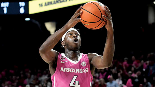 Arkansas Razorbacks guard Davonte Davis goes to the rack against the LSU Tigers on Jan. 24, 2023, at Bud Walton Arena in Fayetteville.
